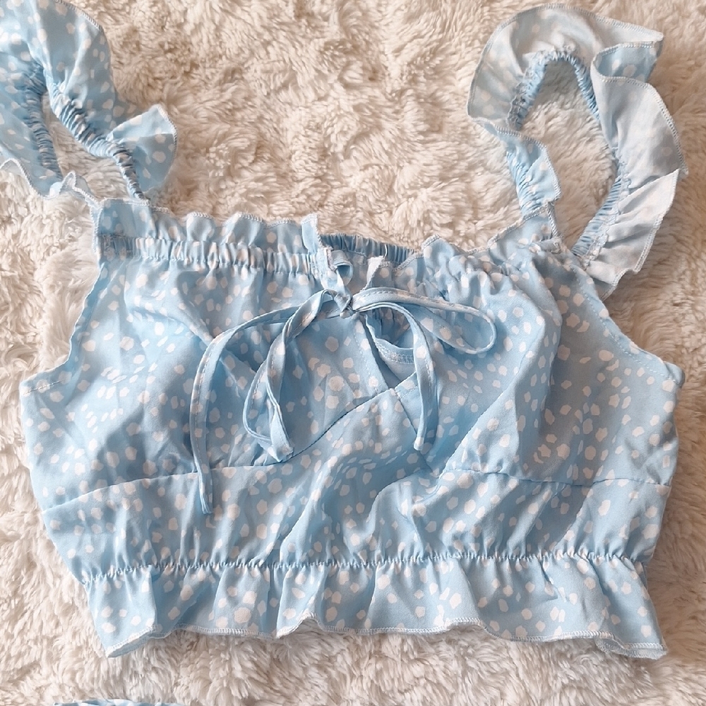 Light Blue Ruffled Two-Piece Set w/ Charming White Pattern BNWOT Size M - Picture 3 of 7
